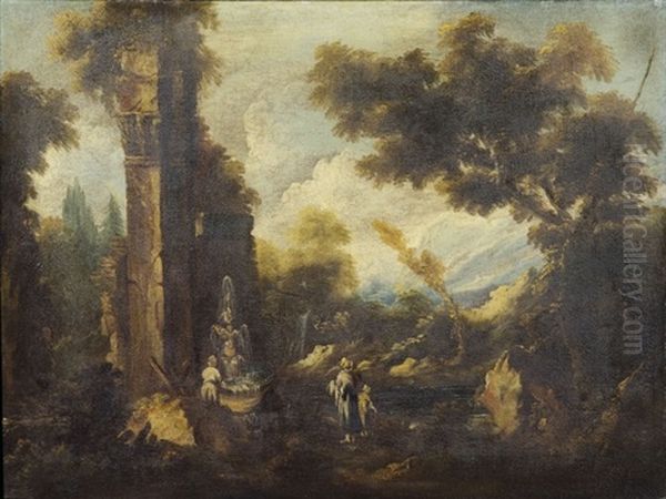 Landschaft Mit Ruinen Und Figuren Um Einen Brunnen Oil Painting by Antonio Francesco Peruzzini