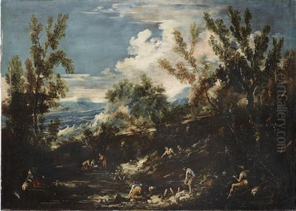 Figures Resting By A River In A Mountainous Landscape Oil Painting by Antonio Francesco Peruzzini