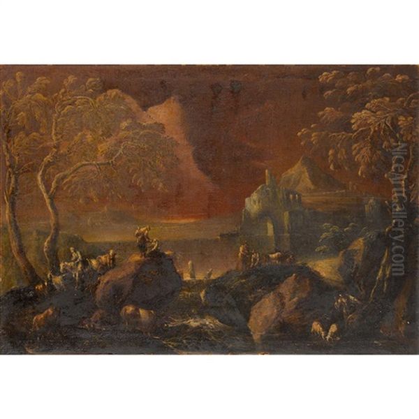 Extensive Landscape With Figures, Cattle, And Goats by Antonio Francesco Peruzzini