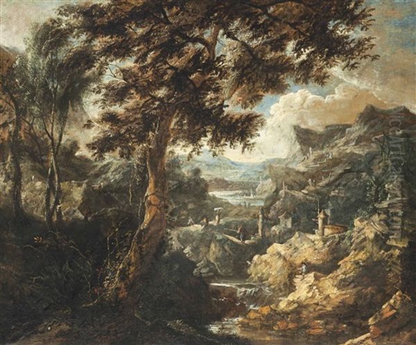 A Wooded Mountainous Landscape With Anglers And Travellers On A Track Beside A River by Antonio Francesco Peruzzini