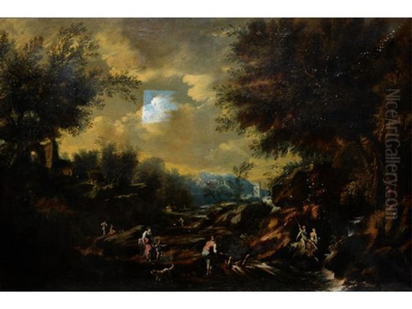 Figures Fishing In A Stream In A Rocky Landscape Oil Painting by Antonio Francesco Peruzzini