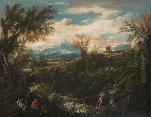 Landschaft Mit Figuren Und Wascherinnen (collab. W/circle) Oil Painting by Antonio Francesco Peruzzini