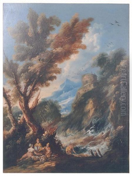 Paysage Italien Anime De Personnages Pres D'une Petite Cascade Et Paysage Italien Anime De Voyageurs Se Reposant Pres D'une Clairiere, Un Village Au Loin (2 Works) Oil Painting by Antonio Francesco Peruzzini