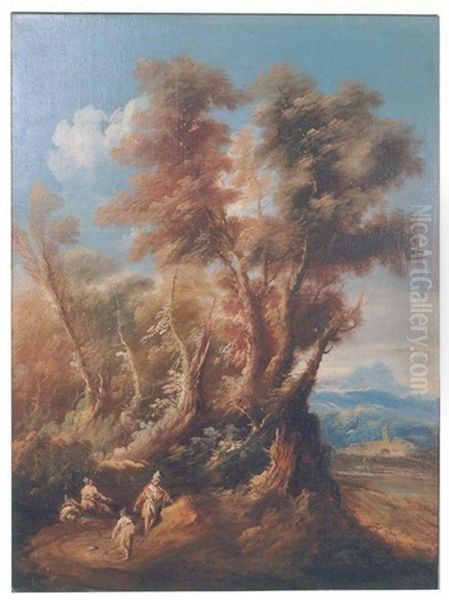 Paysage Italien Anime De Personnages Pres D'une Petite Cascade Et Paysage Italien Anime De Voyageurs Se Reposant Pres D'une Clairiere, Un Village Au Loin (2 Works) Oil Painting by Antonio Francesco Peruzzini