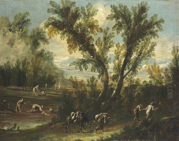 A Wooded Landscape With Travellers On A Track And Washerwomen By A Stream Oil Painting by Antonio Francesco Peruzzini