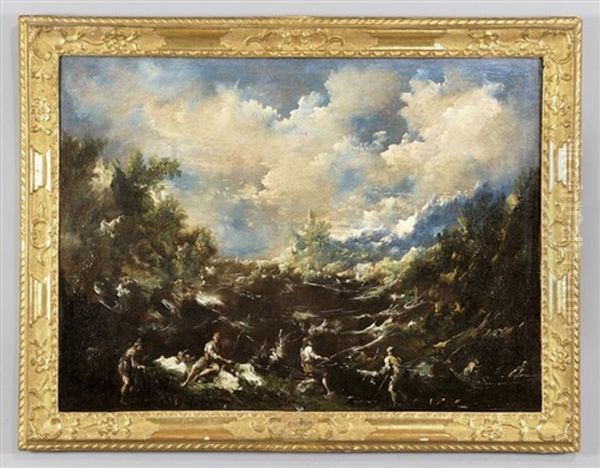 Paesaggio Costiero Con Pescatori Oil Painting by Antonio Francesco Peruzzini