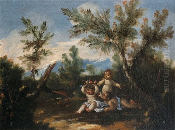 Pendants Mit In Landschaft Spielenden Putten (pair) Oil Painting by Antonio Francesco Peruzzini