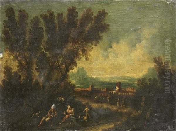 Figures Resting In A Landscape With A Walled Town In The Distance Oil Painting by Antonio Francesco Peruzzini