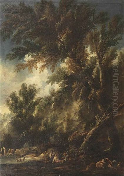 A Wooded Landscape With Travellers And Washer Women Near A Stream Oil Painting by Antonio Francesco Peruzzini