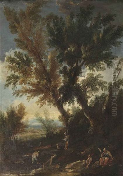 A Wooded Landscape With Travellers On A Track Oil Painting by Antonio Francesco Peruzzini