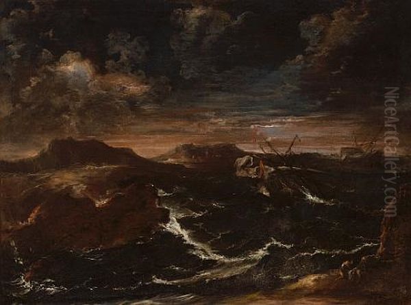 Shipwreck In Stormy Seas With A Town Beyond Oil Painting by Antonio Francesco Peruzzini