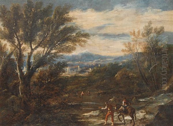 Extensive Landscape With Figures By A River Oil Painting by Antonio Francesco Peruzzini