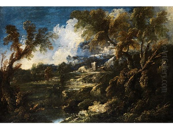 Baumlandschaft Mit Blick Auf Einen Tieferliegenden Tumpel Oil Painting by Antonio Francesco Peruzzini