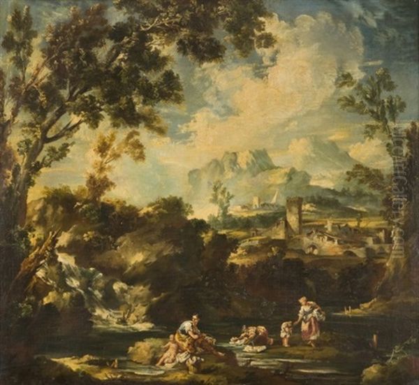 Lavandieres A La Riviere Devant Un Paysage Montagneux Oil Painting by Antonio Francesco Peruzzini