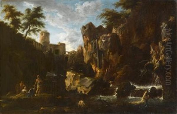 Italianate Landscape With Figures Along A River Oil Painting by Antonio Francesco Peruzzini