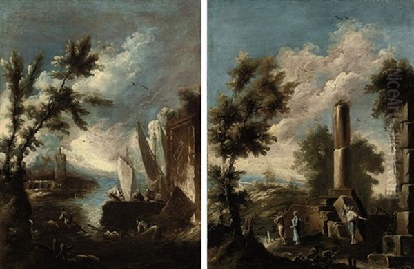 A Wooded Landscape With Figures Amongst Ruins (+ A Coastal Landscape With Figures By A Boat; Pair) Oil Painting by Antonio Francesco Peruzzini