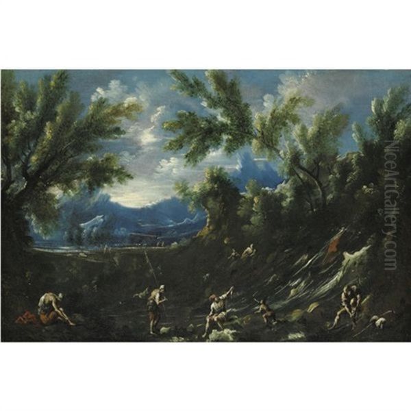 Paesaggio Con Pescatori Oil Painting by Antonio Francesco Peruzzini