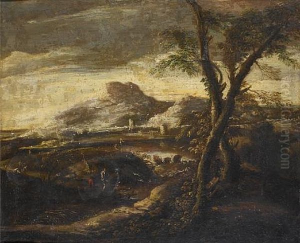 Fishermen In An Open Landscape, With Mountains In The Distance Oil Painting by Antonio Francesco Peruzzini