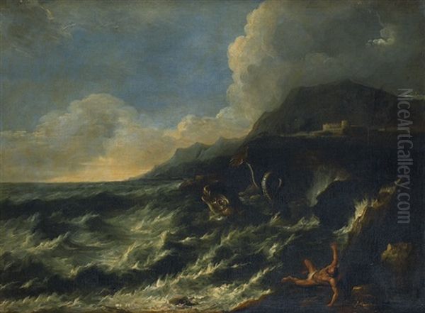 Paysage De Mer Avec Jonas Et La Baleine (+ Paysage De Mer Avec Le Christ Et Un Apotre; Pair) Oil Painting by Antonio Francesco Peruzzini