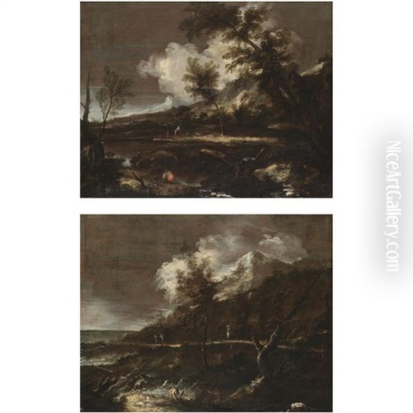 A Coastal Landscape With Fisherman Wrestling Against Stormy Seas (+another; Pair) Oil Painting by Antonio Francesco Peruzzini