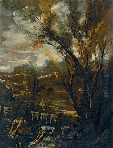 Paesaggio Fluviale Con Lavandaie Oil Painting by Antonio Francesco Peruzzini