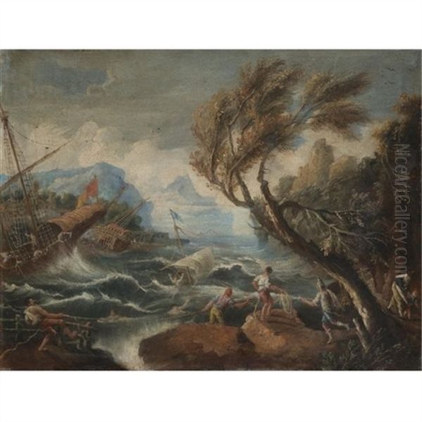 A Tempest With Shipping Being Wrecked Off The Coast (+ A Coastal Scene With Merchants Unloading Their Wares On The Quay; Pair) Oil Painting by Antonio Francesco Peruzzini