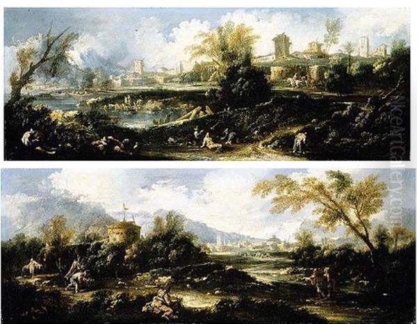 A Capriccio Landscape With A Tower, Pilgrims And Other Figures, A Town Beyond (+ A Capriccio River Landscape, Figures In The Foreground, And A Town With An Arch Beyond; Pair) Oil Painting by Antonio Francesco Peruzzini