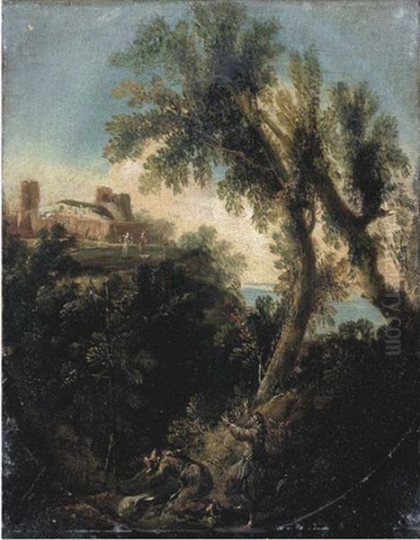 Paesaggio Con Due Frati In Preghiera E Borgo In Lontananza Oil Painting by Antonio Francesco Peruzzini