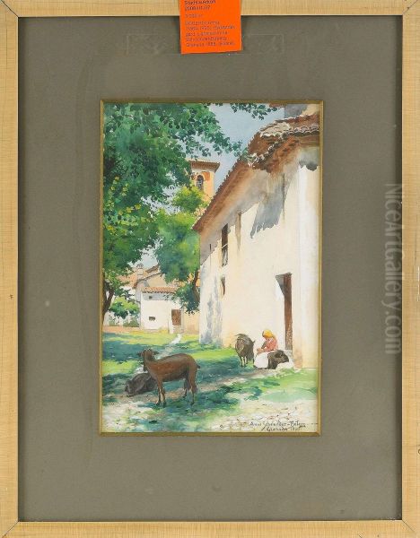 Sydlandsk Gard, Signerad Anna Scholander-boberg, Granada 1888, Akvarell, 32x21 Oil Painting by Anna Boberg