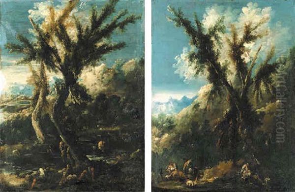 A Mountainous Landscape With Figures By A Tree Oil Painting by Antonio Francesco Peruzzini