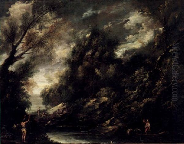 A Wooded River Landscape With Fishermen Oil Painting by Antonio Francesco Peruzzini