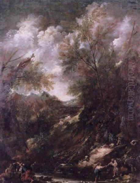 A Friar Assisting A Woman To Cross A Stream Running Through A Wooded Landscape Oil Painting by Antonio Francesco Peruzzini