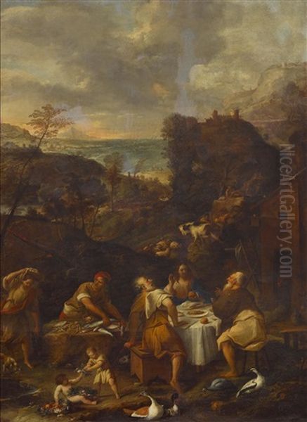 The Supper At Emmaus Oil Painting by Giovanni (Giambattista) Peruzzini