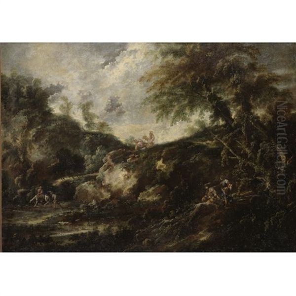 Figures In A Wooded Landscape Oil Painting by Giovanni (Giambattista) Peruzzini