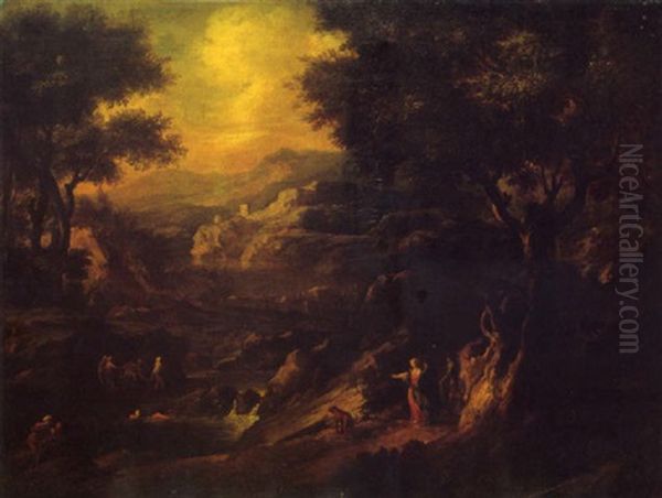 Paysage Aux Baigneurs Oil Painting by Giovanni (Giambattista) Peruzzini