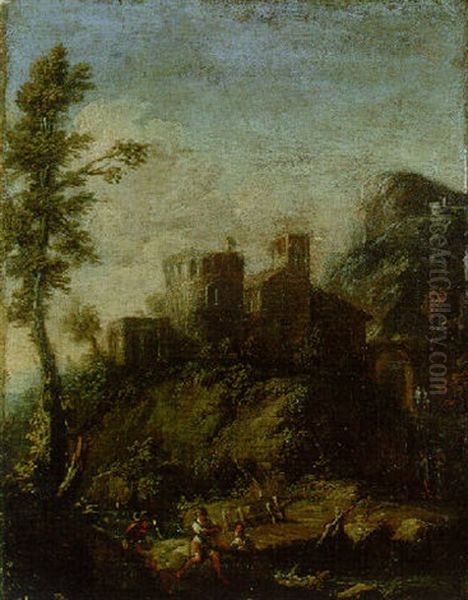 A Mountain River Landscape With A Tower And Buildings, And Peasants By A Bridge Oil Painting by Giovanni (Giambattista) Peruzzini