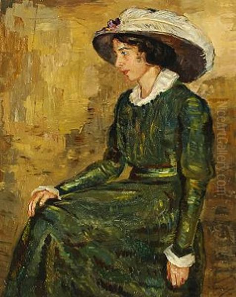 Portait Of A The Artist Wife Adele Peschke-koedt In A Green Dress Oil Painting by Matthias M. Peschcke-Koedt