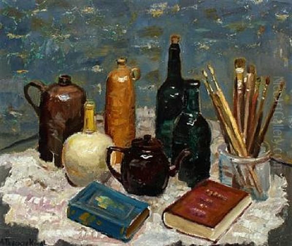 Still Life With Brushes, Bottles And Books Oil Painting by Matthias M. Peschcke-Koedt