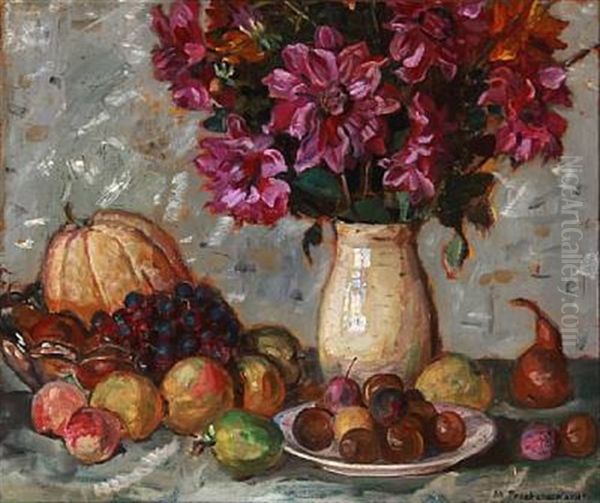 Still Life With Fruit And Flowers Oil Painting by Matthias M. Peschcke-Koedt