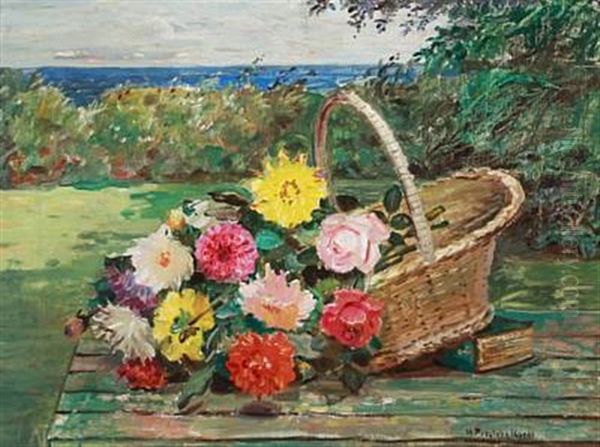 Still Life With Flowers In A Basket Oil Painting by Matthias M. Peschcke-Koedt