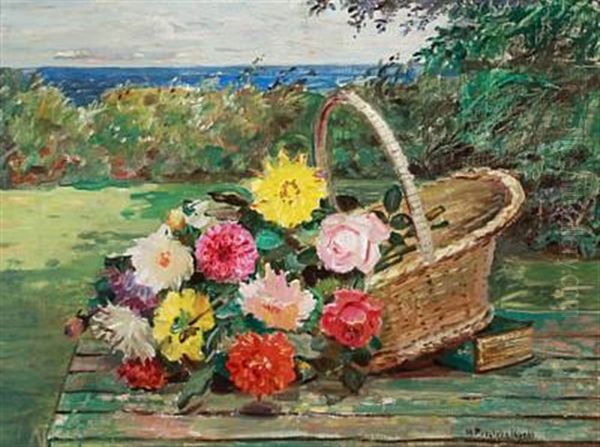 Still Life With Flowers In A Basket Oil Painting by Matthias M. Peschcke-Koedt