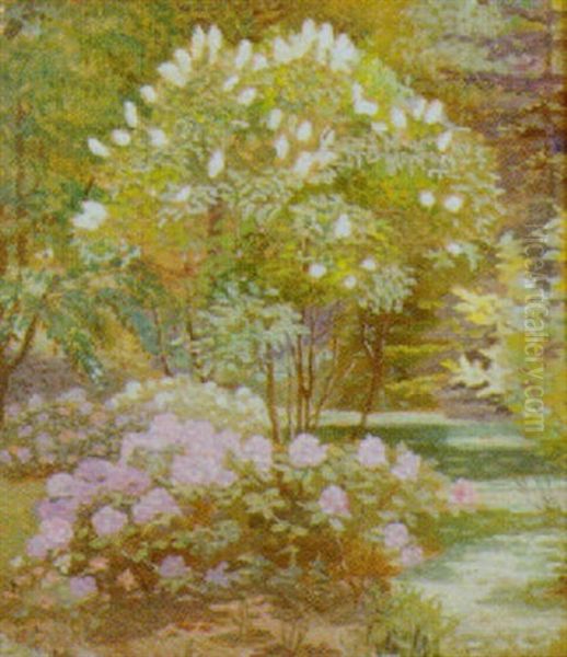 Haveeksterior, I Forgrunden En Rhododendronbusk Oil Painting by Matthias M. Peschcke-Koedt