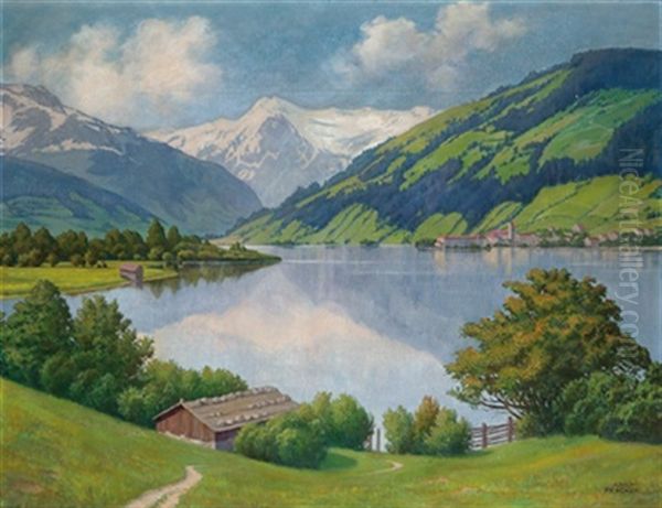 Blick Auf Zell Am See Mit Kitzsteinhorn Oil Painting by Adolf Peschek