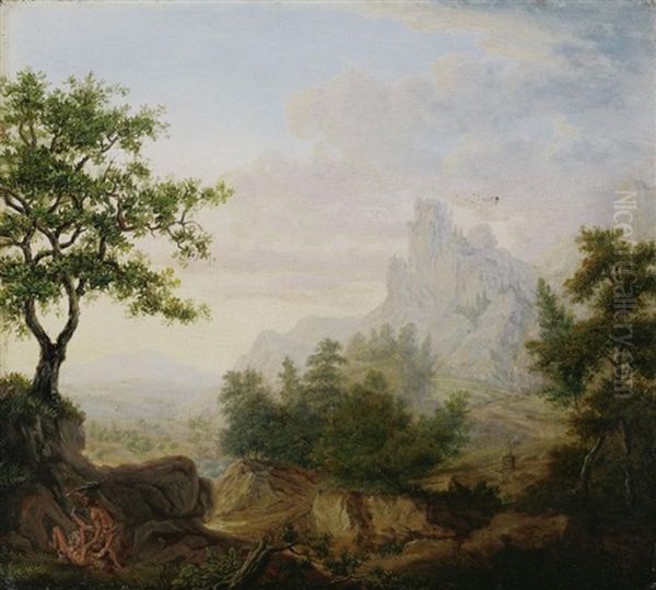 Weite Gebirgige Landschaft Mit Kain Und Abel Oil Painting by Carl Gottlieb Peschel