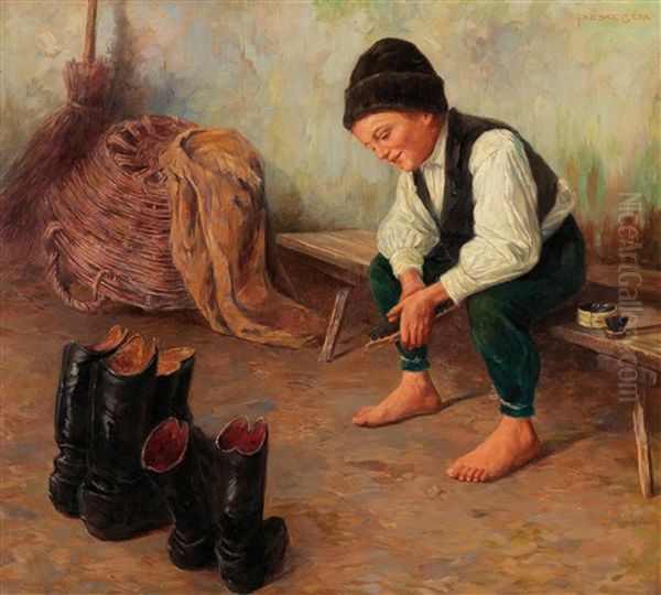 The Shoe Cleaner Oil Painting by Geza Peske