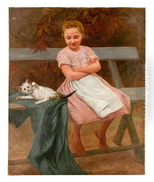 Girl With Cat Sitting On A Bench Oil Painting by Geza Peske