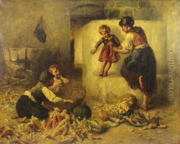 Mother With Children Playing Oil Painting by Geza Peske