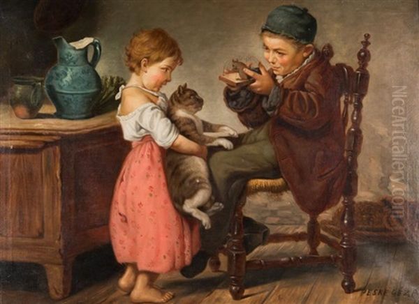 Enfants Jouant Au Chat Et A La Souris Oil Painting by Geza Peske