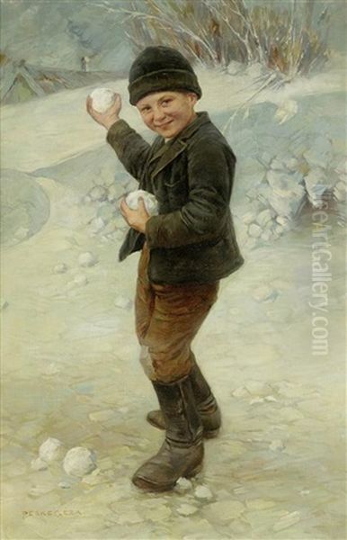 Junge Im Winter Beim Schneeballschiessen Oil Painting by Geza Peske