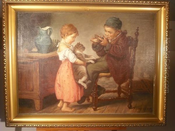 Deux Enfants Jouant Avec Un Chat Et Une Souris Oil Painting by Geza Peske